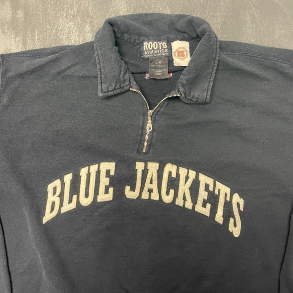 Vintage‎ Roots Columbus Blue Jackets Quarter Zip Sweatshirt Large Navy Blue NHL - Picture 2 of 11